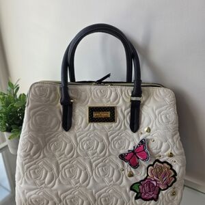 Betsey Johnson Cream Quilted Tote with Pink and Black Accents